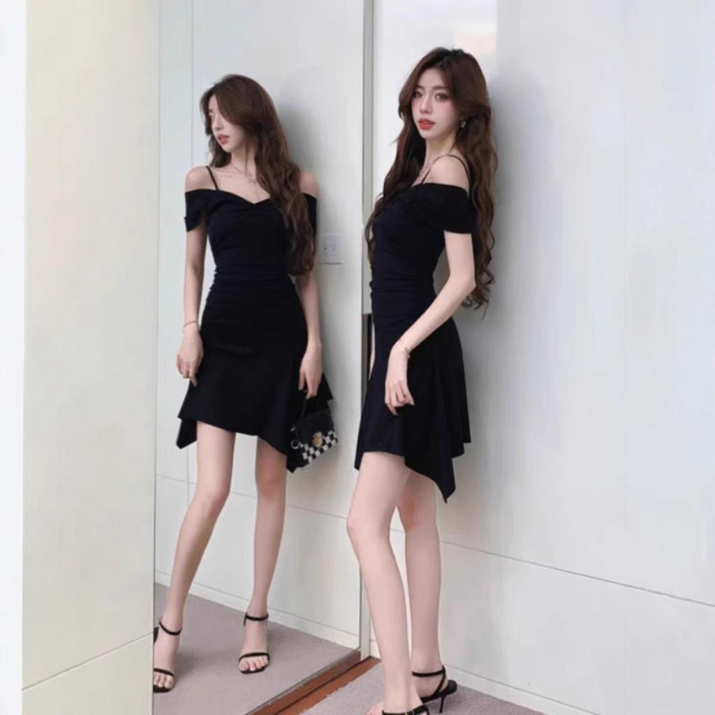Irregular suspender A-word skirt year summer women's clothing black sexy V-neck off-the-shoulder waist and thin dress