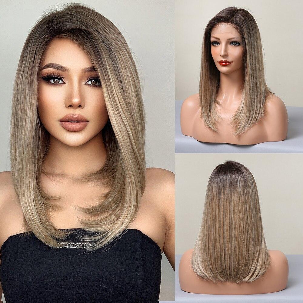 Блондинка, синтетический парик с кружевной передней частью, средней длины, омбре, от блондинки до платины для женщин, повседневные вечерние парики для косплея, термостойкие волокна волос