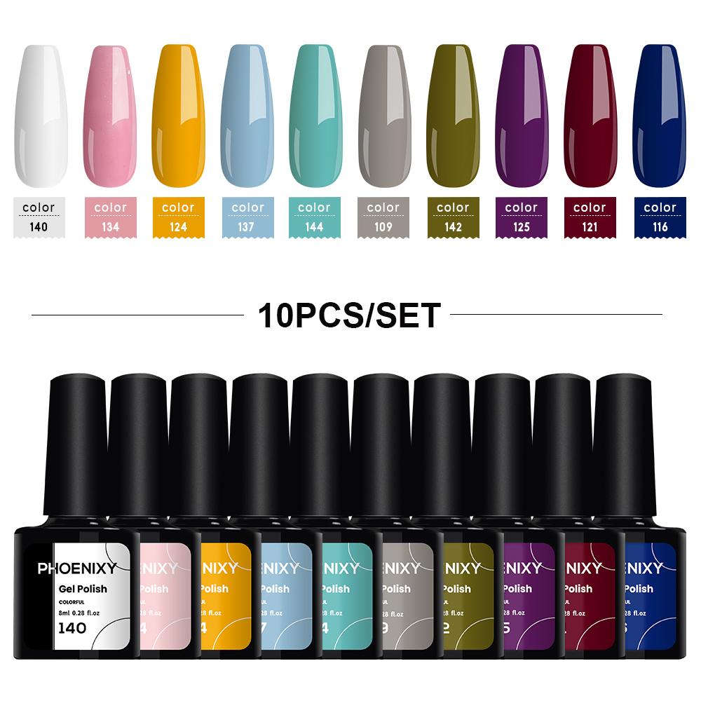 Гель-лак для ногтей PHOENIXY, 10 цветов, замачиваемый УФ-гель для ногтей, стартовый набор для дизайна ногтей, набор блестящих лаков для DIY, дома, гель для маникюра