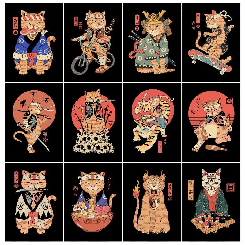 Японский Ретро Стиль Татуировка Самурай Кот Рамен Мультяшные Постеры Принты Холст Картина Настенное Искусство Картина Гостиная Домашний Декор