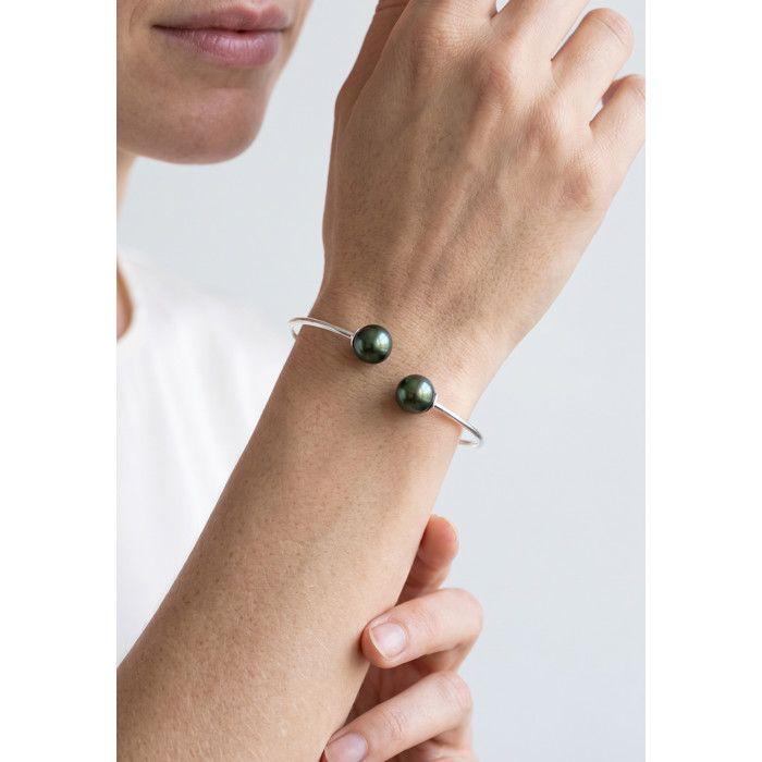 Bracelet Jonc - Pearls &amp; Colors - Vert Intense - Argent 925 - Perles de Culture 9-10 mm - Taille 14-20 cm