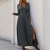Women Fashion Spring Autumn Long Sleeve Lacework V Neck Solid Color High Split One Piece Dress