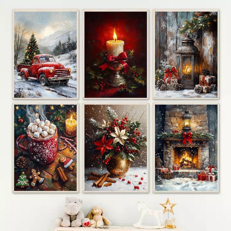 Vintage Red Christmas Tree Truck Candle Decorative Posters Merry Christmas Canvas Painting Living Room Wall Art Holiday Decor