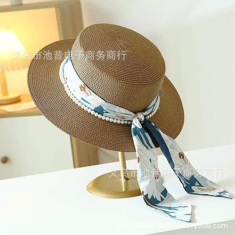 Pearl decorative flat top straw hat women's summer travel sunshade travel beach hat printed silk scarf streamer fashionable sunscreen hat