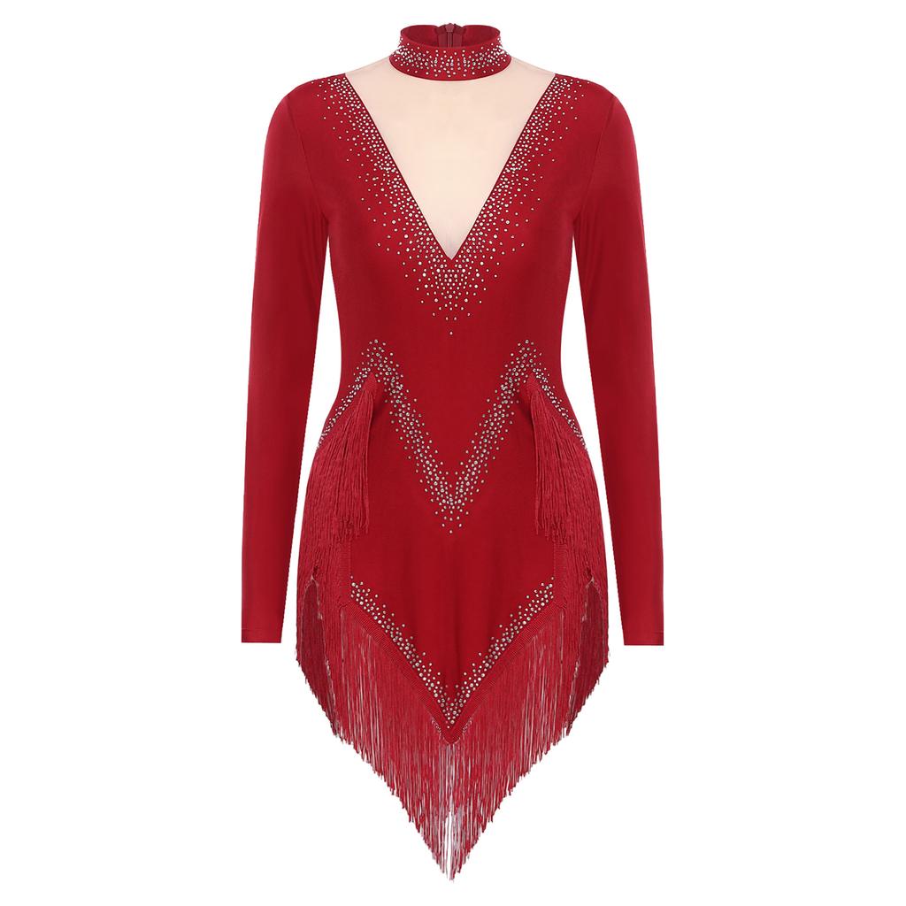 Women's Latin Dance Dress S-XXL - Shiny Rhinestones Mock Neck Long Sleeve with Tassels & Irregular Hem Stage Costume
