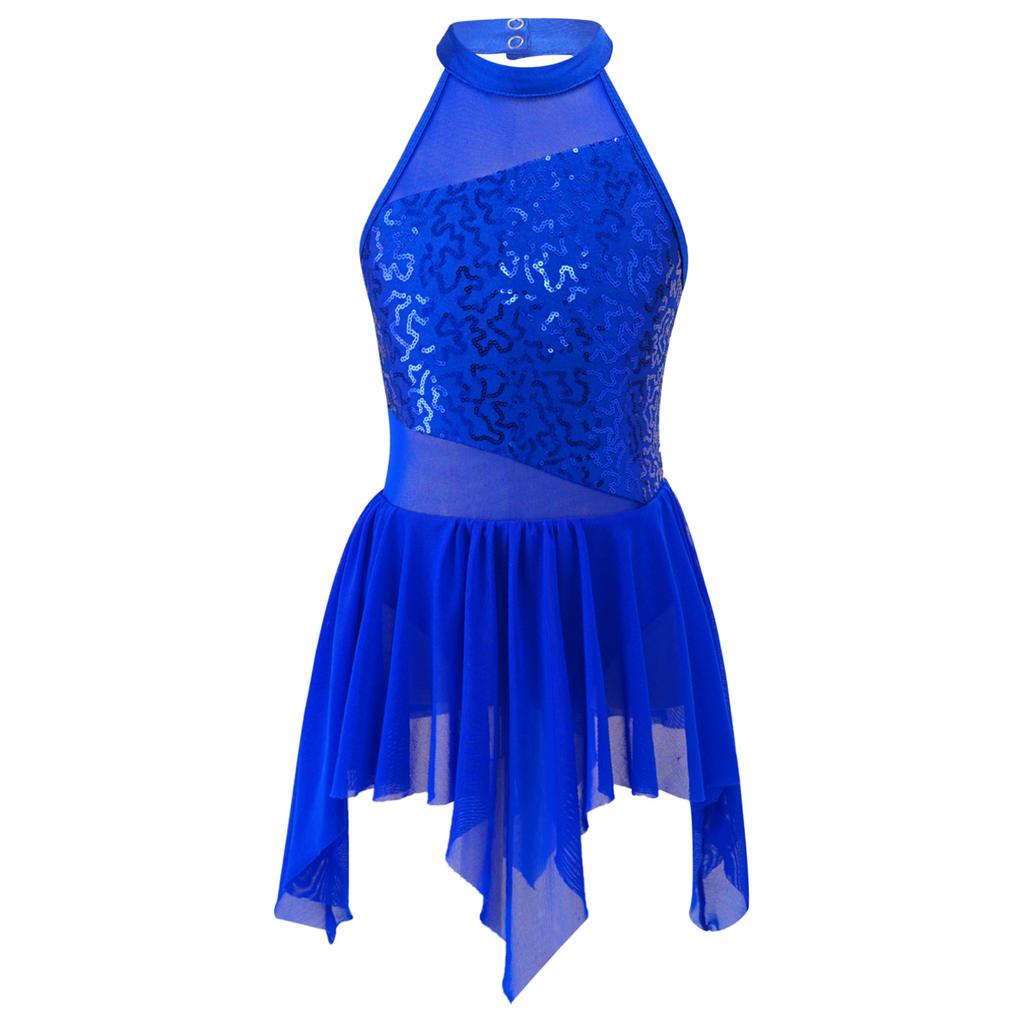 Kids Girls Sleeveless Shiny Sequins Asymmetrical Hem Ballerina Lyrical Modern Dance Leotard Dress