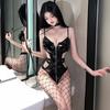Sexy lingerie leather jacket leash sexy bondage tight seduction cosplay patent leather onesie suit zipper