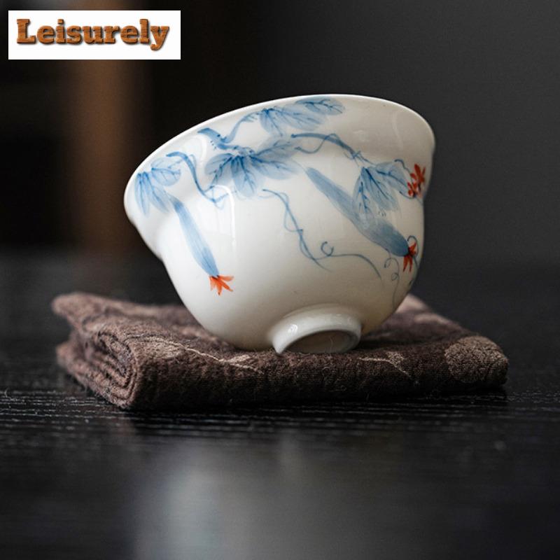 90ml Hand-painted Loofah Master Cup Dehua White Porcelain Teacup Single Master Cup Large Gourd Tea Bowl Kung Fu Teaset Drinkware