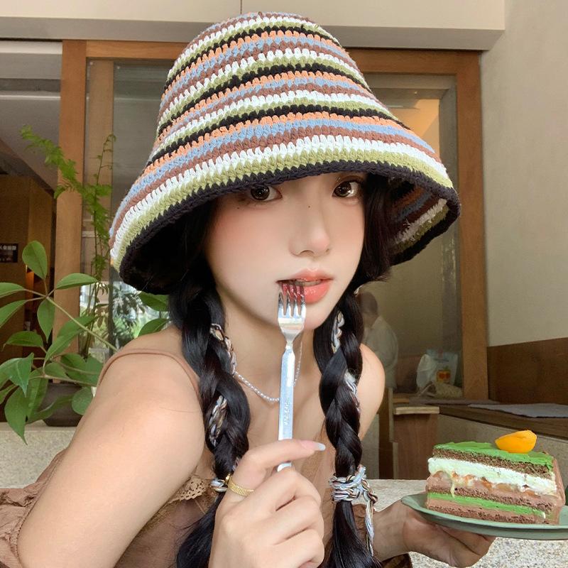 Полосатая вязаная шапка-ведро женская летняя универсальная большая окружность головы, показывающая лицо, маленькая шнурованная шапка-ведро шерстяная шапка