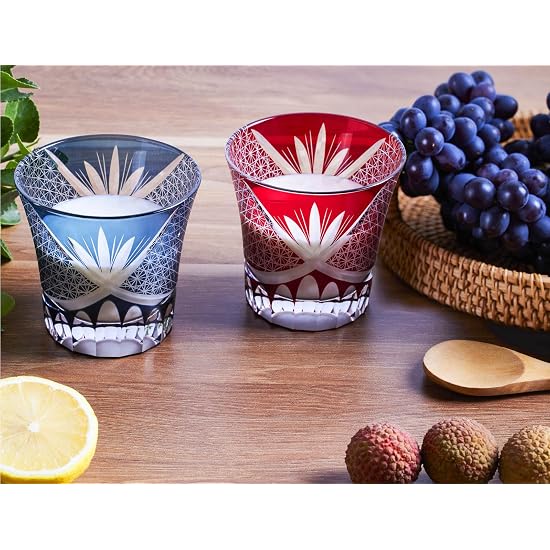 FONYUHUA Kiriko Glass Tumbler Rock Glass, Kikutsunagi Pattern, 260cc, 1 Piece, Blue