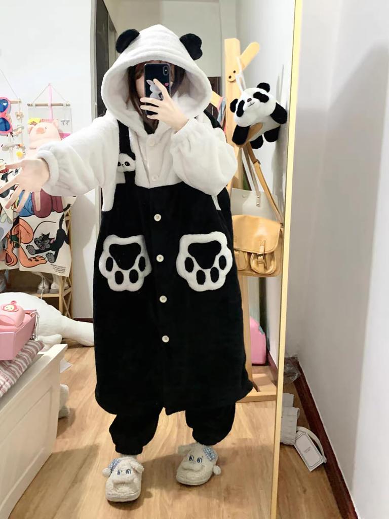 LAVASEON Cute Panda Winter Fluffy Hooded Pajamas with Plus Sizes Thick and Warm for Fall and Stylish and Warm Women's Pajamas, Loungewear, Gloves,