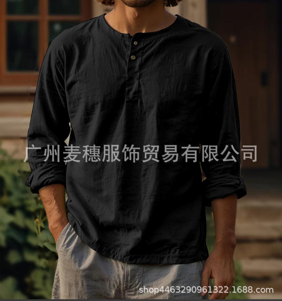 Мужская новая хлопково-льняная однотонная рубашка с длинным рукавом, футболка, круглый вырез, перекрестная застежка на пуговицы, две пуговицы, лен