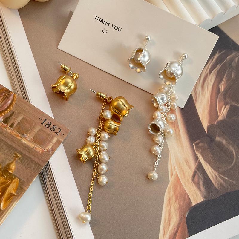 Элегантные французские ретро серьги-кисточки «Ландыш» с пресноводным жемчугом и иглой из серебра 925 пробы