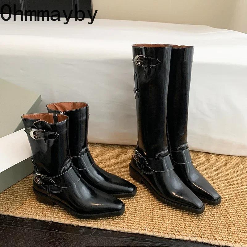 Модные женские сапоги в стиле вестерн, модные туфли с пряжкой на поясе в стиле ретро, осень-зима, дамские длинные сапоги в стиле рыцаря