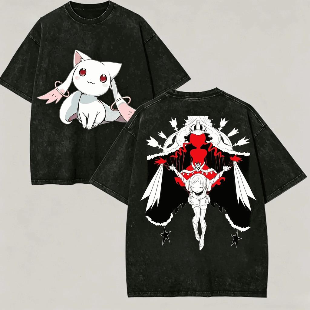 Washed Tee cartoon girl Puella Magi Magica Washed Tshirt Anime Kaname Madoka Harajuku Oversized Vintage Loose Streetwear Unisex Classic oversize4