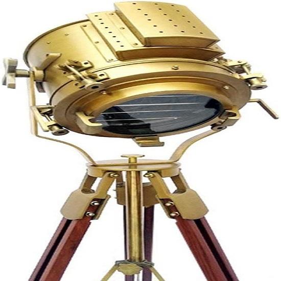 Nautical Brass Spotlight Searchlight Wooden Tripod Floor Lighting Stand Home Decor