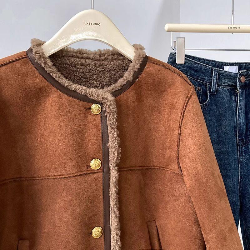 Korea Retro Maillard Wool Fur Coat Female 2024 Winter New Short Loose Plush Jackets Fashion Design Casual Clothes Thick