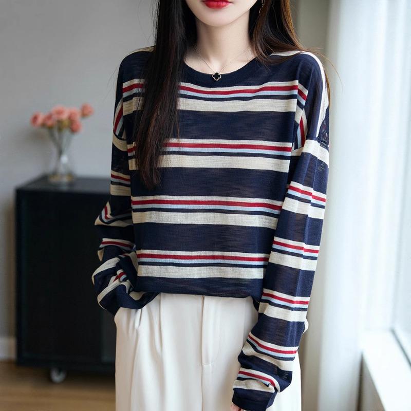 Women S Loose Striped Thin Long Sleeve Knit Top Casual Versatile