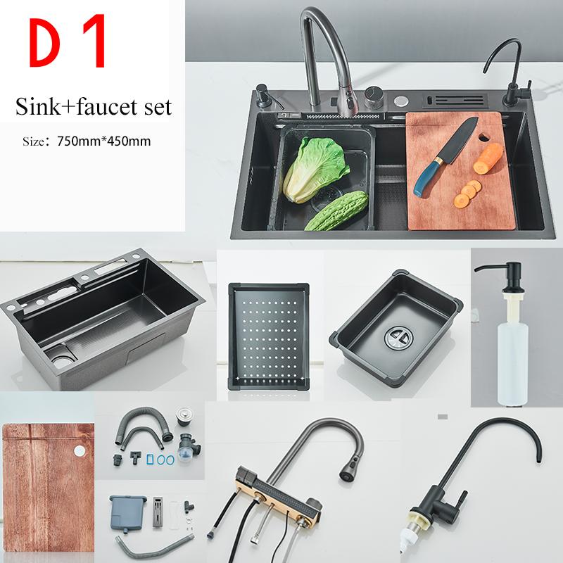 Раковина для кухни из нержавеющей стали с водопадом, цифровым дисплеем, большой одинарной чашей, мойка для посуды, мойка с многофункциональным сенсорным водопадом