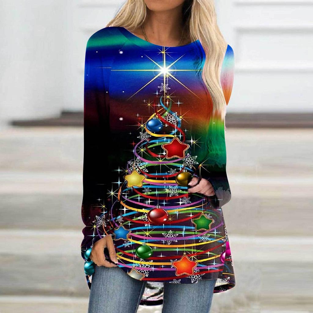 Рождественская елка 3D Принт Длинный рукав Футболка Женская мода Круглый вырез Длинная туника Топы Женщины Осенний рождественский подарок Футболка Femme Топы