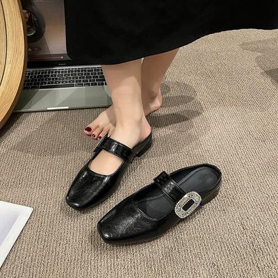 Мода 2025 Новая Мода Квадратный Носок Ремешок с Пряжкой из Страз Сексуальные Босоножки Слингбэки Женские Туфли Шлепанцы Низкий Квадратный Каблук Банкетная Обувь