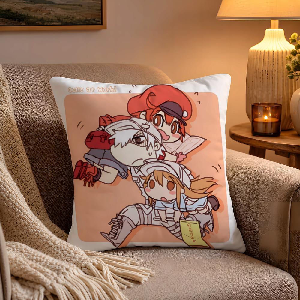 Cells At Work Pillow Case Soft Plush Cushion Cover Double Print and Invisible Zipper for Sofa Home Car Use