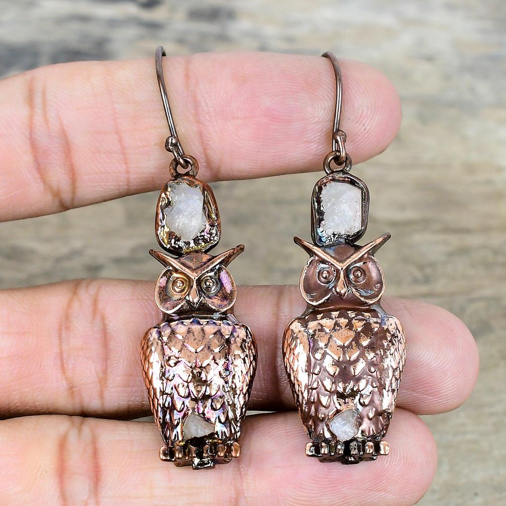 Rainbow Moonstone Rough Earring Electroformed Copper Earrings Gemstone Earring Handmade Copper Jewelry Owl Drop Earrings Anniversary Gifts