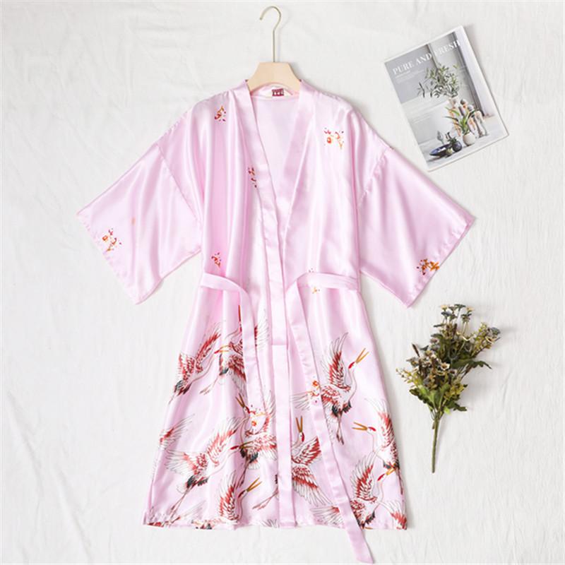 Sleeping Robe Cranes Printed Imitation Silk Single Robe Wedding Bridesmaid Morning Robe Home Increase Robe Fashion Temperament Elegant