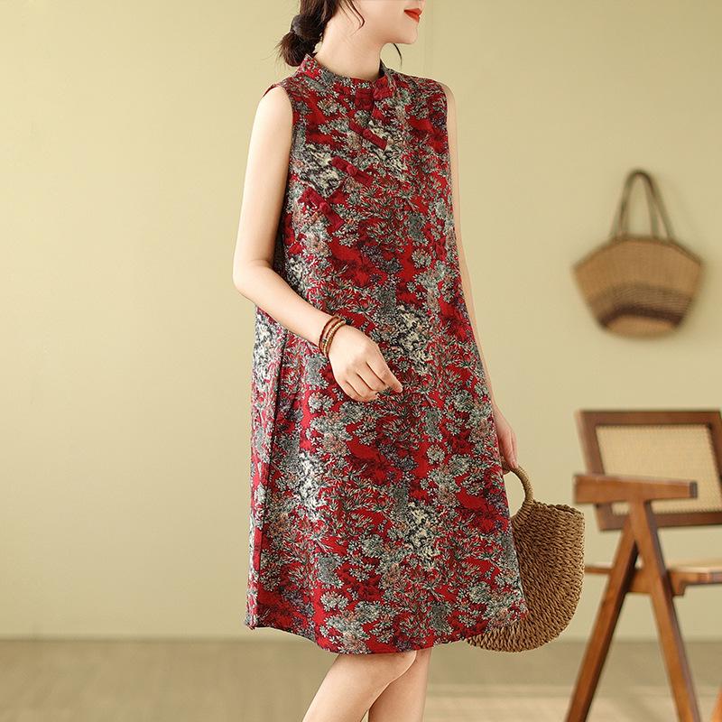 Ретро Модифицированная юбка-чеонгсам с дисковыми пуговицами Свободное утягивающее платье без рукавов с принтом