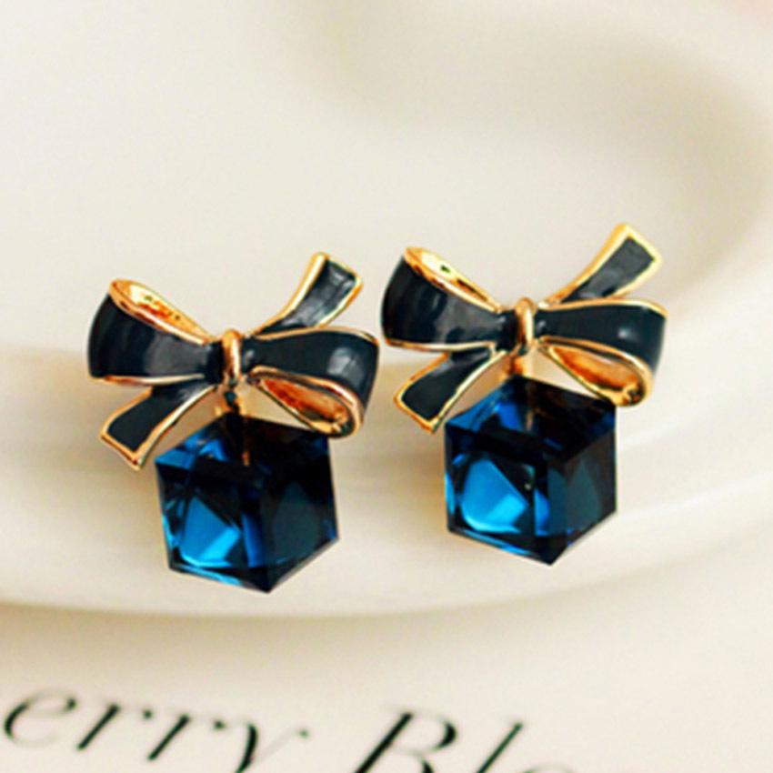 Bow Cube Crystal Silver-Plated Earrings - Stylish European and American Design