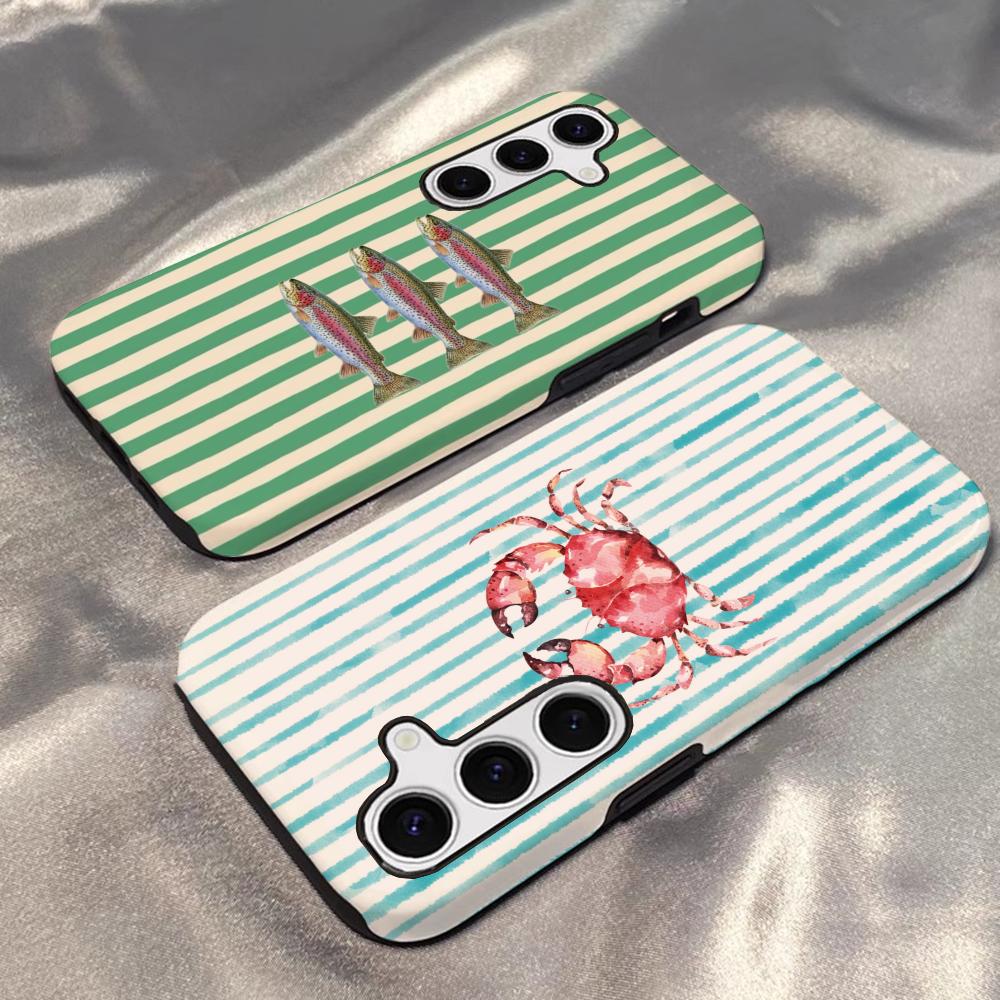 Полосатый чехол для телефона с тематикой морской жизни для Samsung S25 S24 S23 S22 S21 Plus Ultra A56 A36 A26 A16 Глянцевая HD твердая поликарбонатная крышка