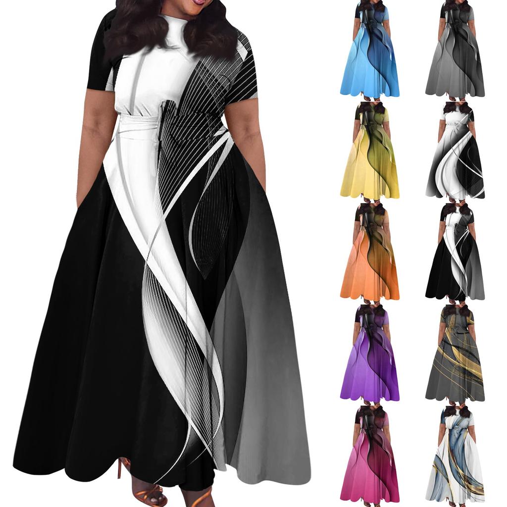 Women's Casual Fashion Large Size Print Round Neck Short Sleeve Pocket Straps Swing Dress