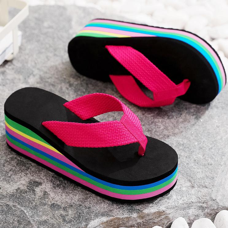 Ladies' Slope Heel Flip Flops, Rainbow Sole Flat Slip In Shoes, Casual and Lightweight Summer Beach Shoes