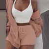 Women Winter Plush Casual Sportswear Plain 3 Piece Long Sleeve Cropped Tops Shorts Set