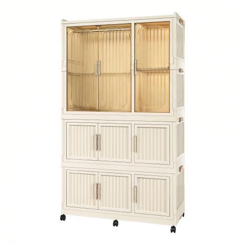 Foldable Modular Plastic Wardrobe with Magnetic Doors, Casters and Clothes Rail, Storage Cabinet for Bedroom Apartment