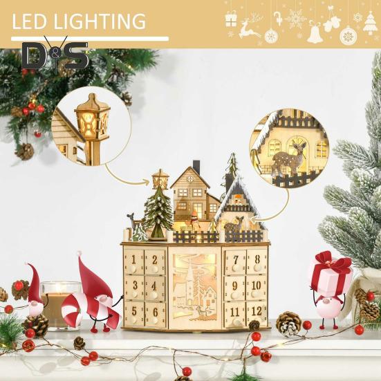 Рождественский адвент-календарь со светодиодной подсветкой, музыкальным деревянным светящимся домиком, обратным отсчетом, 24 ящика, настольное украшение