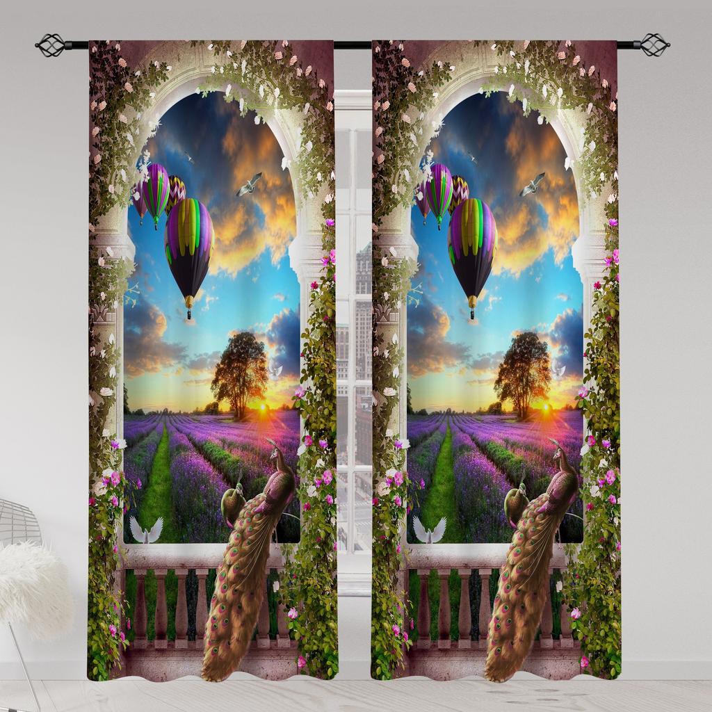 2pcs Landscape Seaside Coconut Tree Blue Sky White Cloud Printed Translucent Curtain Multi-scene Polyester Rod Pocket Decorative
