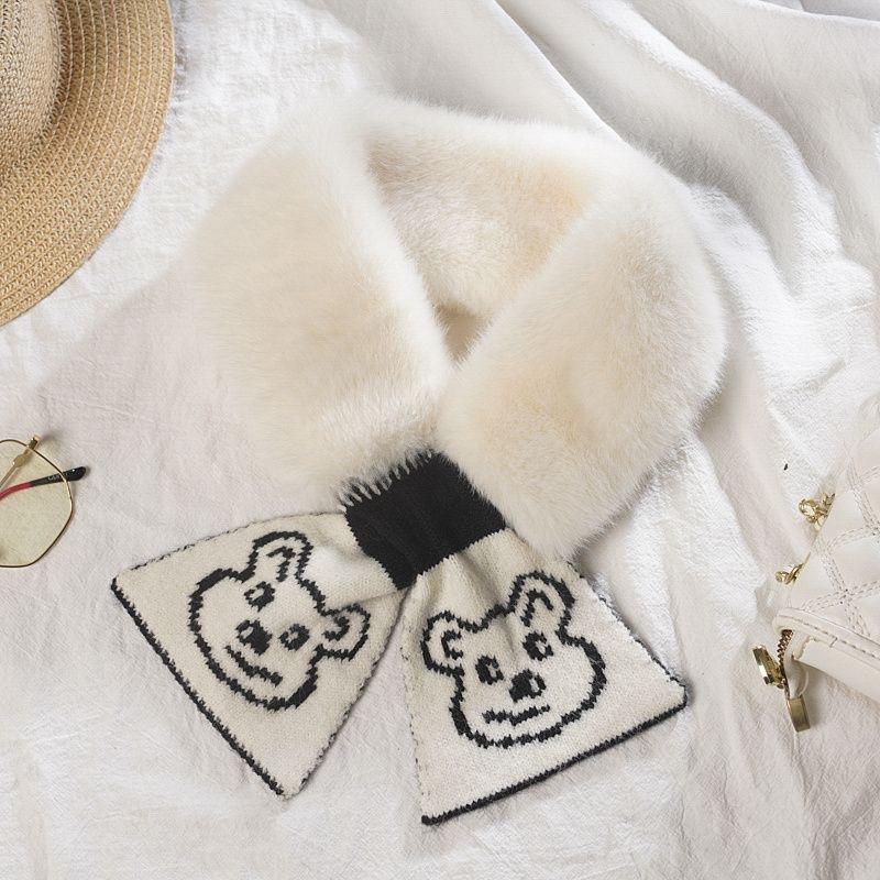 New Bear Scarf Women's Korean Style Winter Warm Wool Imitation Rabbit Hair Solid Color Versatile Plush Scarf