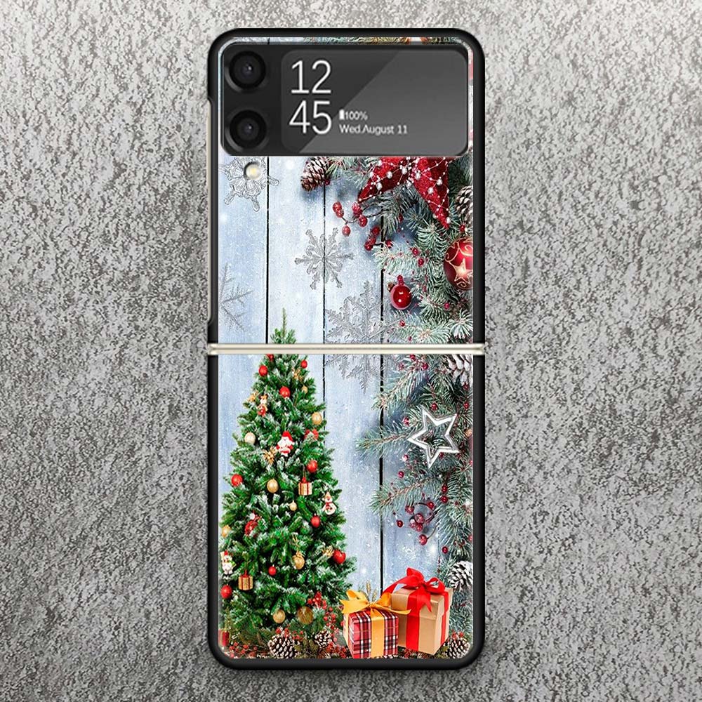Merry Christmas Tree Snow Print Case For Samsung Galaxy Z Flip 3 4 5 6 7 5G Phone Shell Flip7 Flip6 Flip5 Flip4 Flip3 Pattern Co