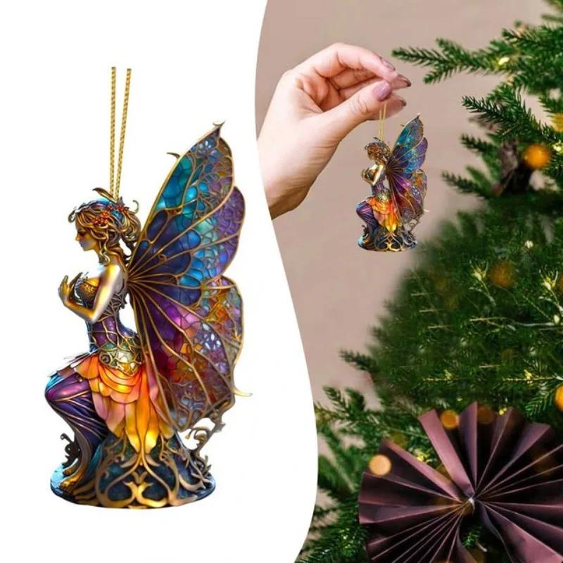 Colorful Christmas Pendant Fairy Fairies Painted Style Charm Fun Mysterious Rear View Ornament Tree Painted Glass Window Hanging