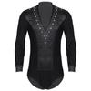 Mens Dance Leotard Glittery Rhinestones V Neck Design Long Sleeve Satin Patchwork Bodysuit