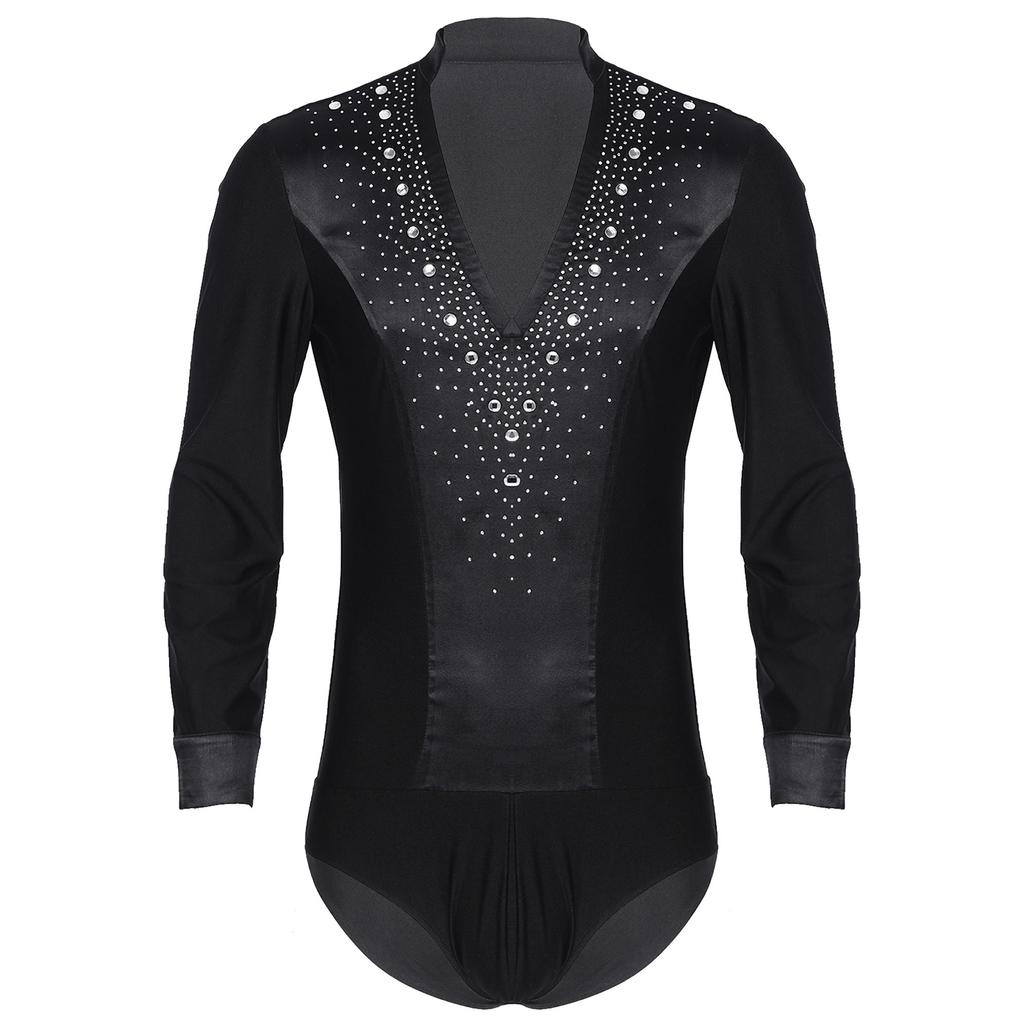 Mens Dance Leotard Glittery Rhinestones V Neck Design Long Sleeve Satin Patchwork Bodysuit