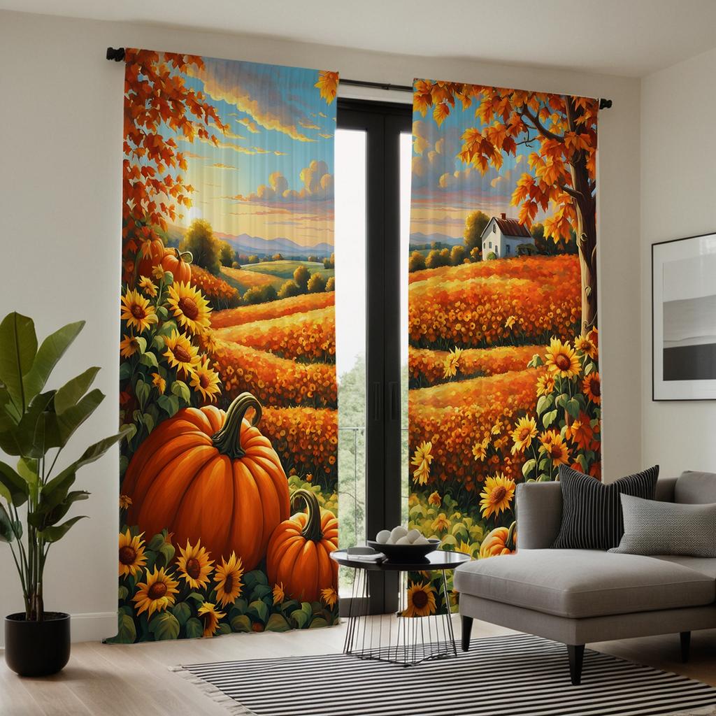 2 Pieces HD Field Sunflower Garden Maple Harvest Fruit Decorative Curtain Yellow Tie Digital Printed Curtain Home Decoration Sty