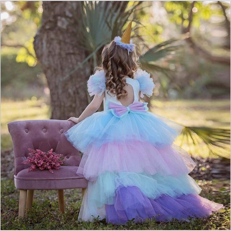 Kids Rainbow Unicorn Dress with Long Tails Party Dress for Girl Princess Costume Lol Ball Gown Baby Girls Pony Dress