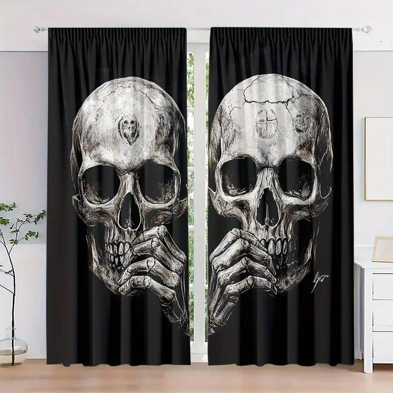 2 Pieces of High-definition Digital Black Skull Print Curtains, Pole Bag Home Decoration, Room Decoration