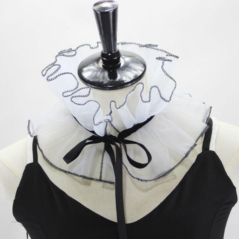 Women Vintage Princess Fake Collar Gothic Black Faux Leather Ruffled Floral Lace Choker Necklace Victorian Neck Ruff