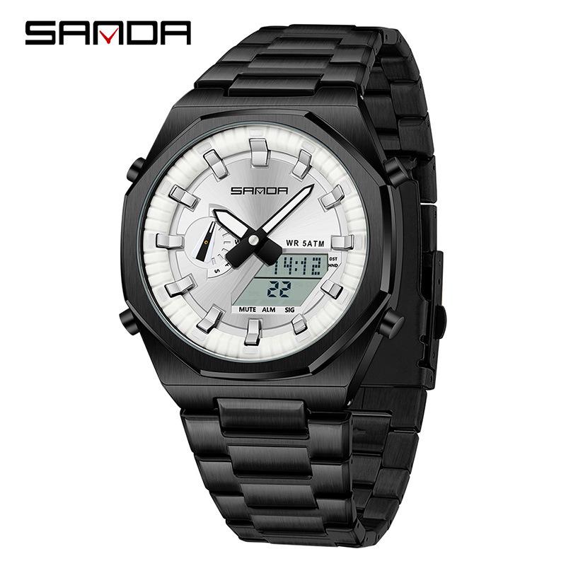 Мужские восьмиугольные цифровые часы Sanda Oak с двойным дисплеем и функцией летнего времени