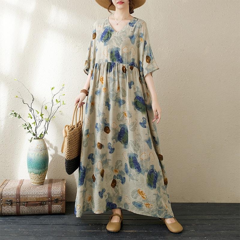 Новое хлопковое платье больших размеров с коротким рукавом и цветочным принтом для женщин, повседневное свободное длинное летнее платье