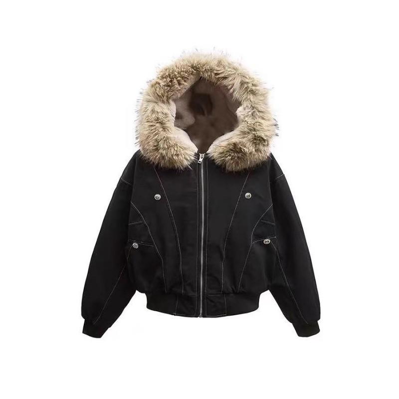 Womens Vintage Black Parka Winter Fleece Lined Short Jacket Streetwear