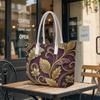 Purple Golden Floral Pattern Tote Bag with White Handles for Daily Commute Shopping Outing Carryall